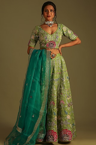 Pastel Green Silk Embroidered & Printed Lehenga Set For Girls by Soniya G KIDS