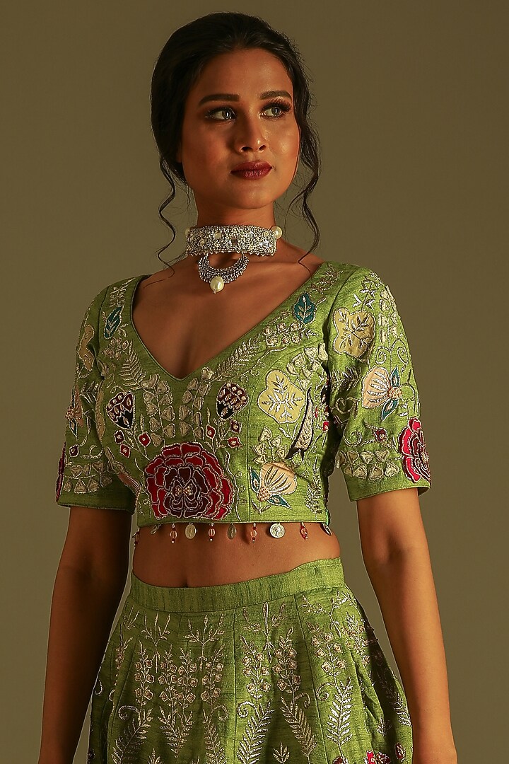 Pastel Green Silk Embroidered & Printed Lehenga Set For Girls by Soniya G KIDS at Pernia's Pop Up Shop