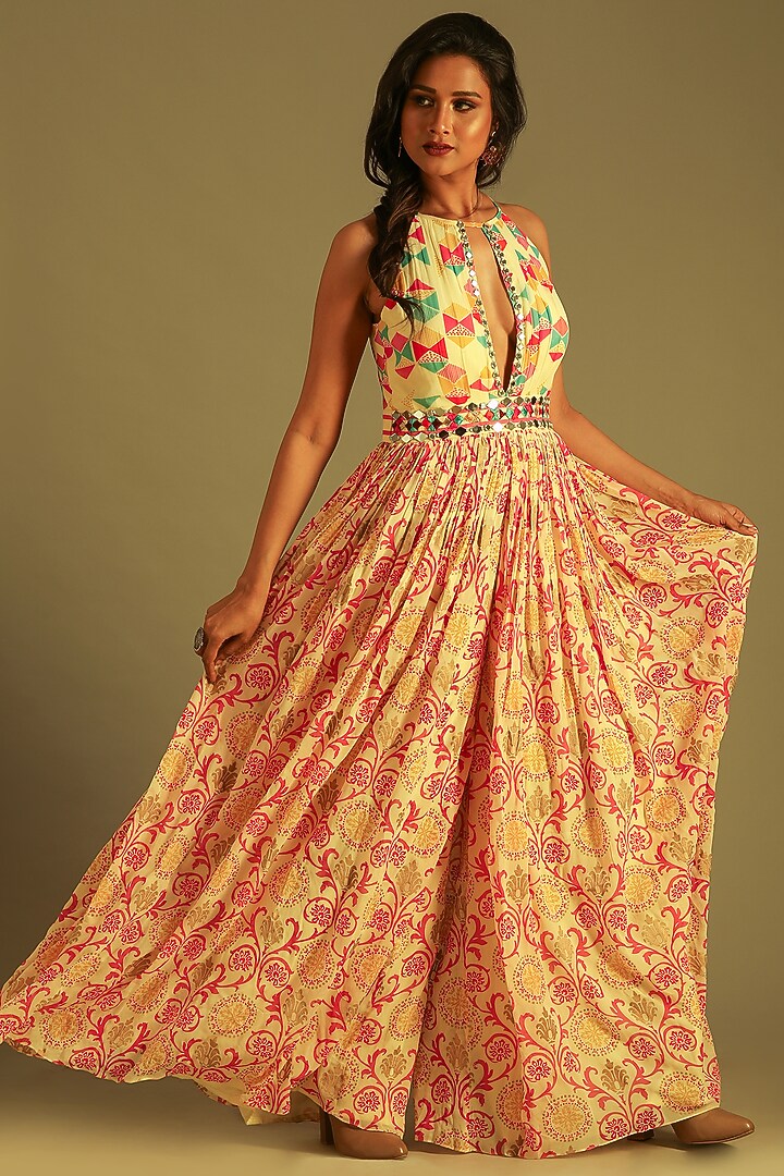 Banana Yellow Georgette Printed Jumpsuit With Belt For Girls by Soniya G KIDS at Pernia's Pop Up Shop