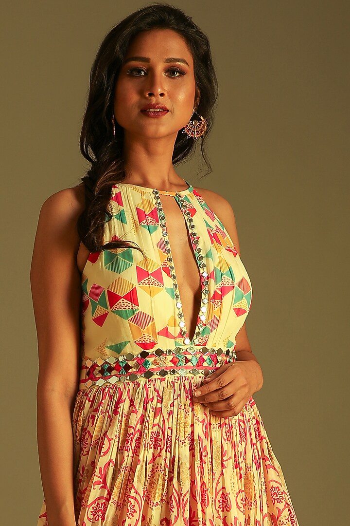Banana Yellow Georgette Printed Jumpsuit With Belt For Girls by Soniya G KIDS at Pernia's Pop Up Shop