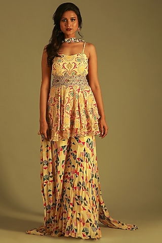 Banana Yellow Georgette Printed Gharara Set For Girls by Soniya G KIDS