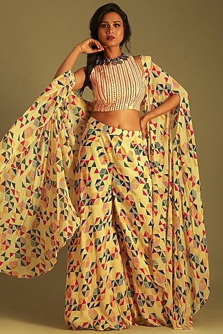 Banana Yellow Georgette Printed Sharara Set For Girls by Soniya G KIDS