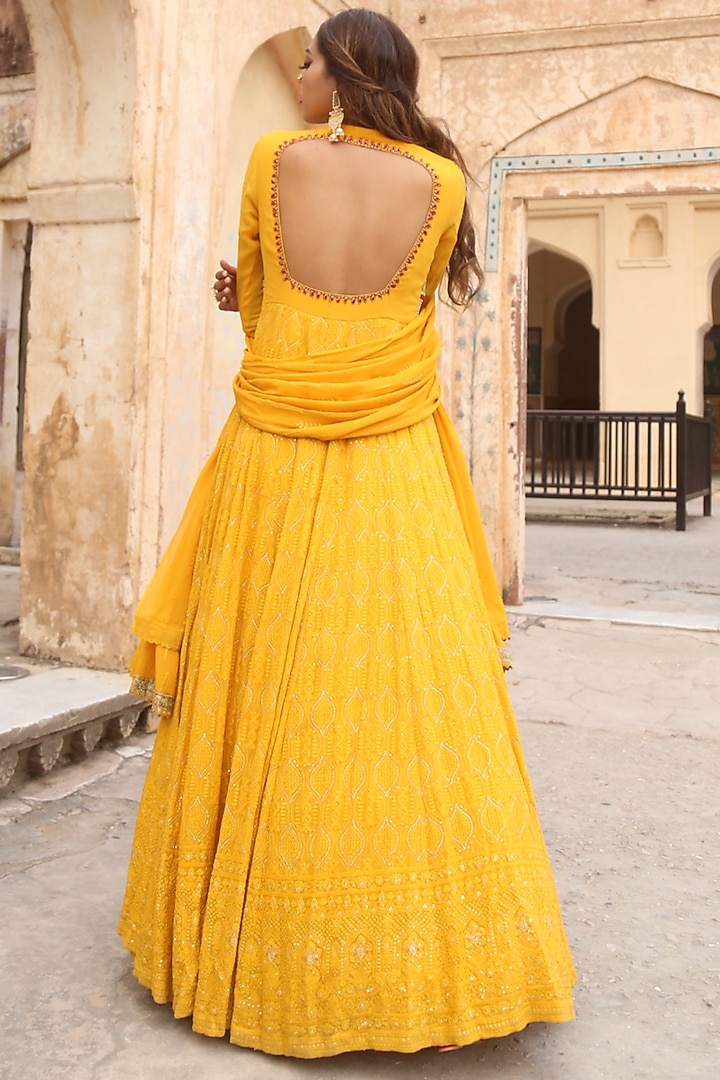 Ochre Lucknowi Anarkali Set For Girls by Soniya G KIDS at Pernia's Pop Up Shop