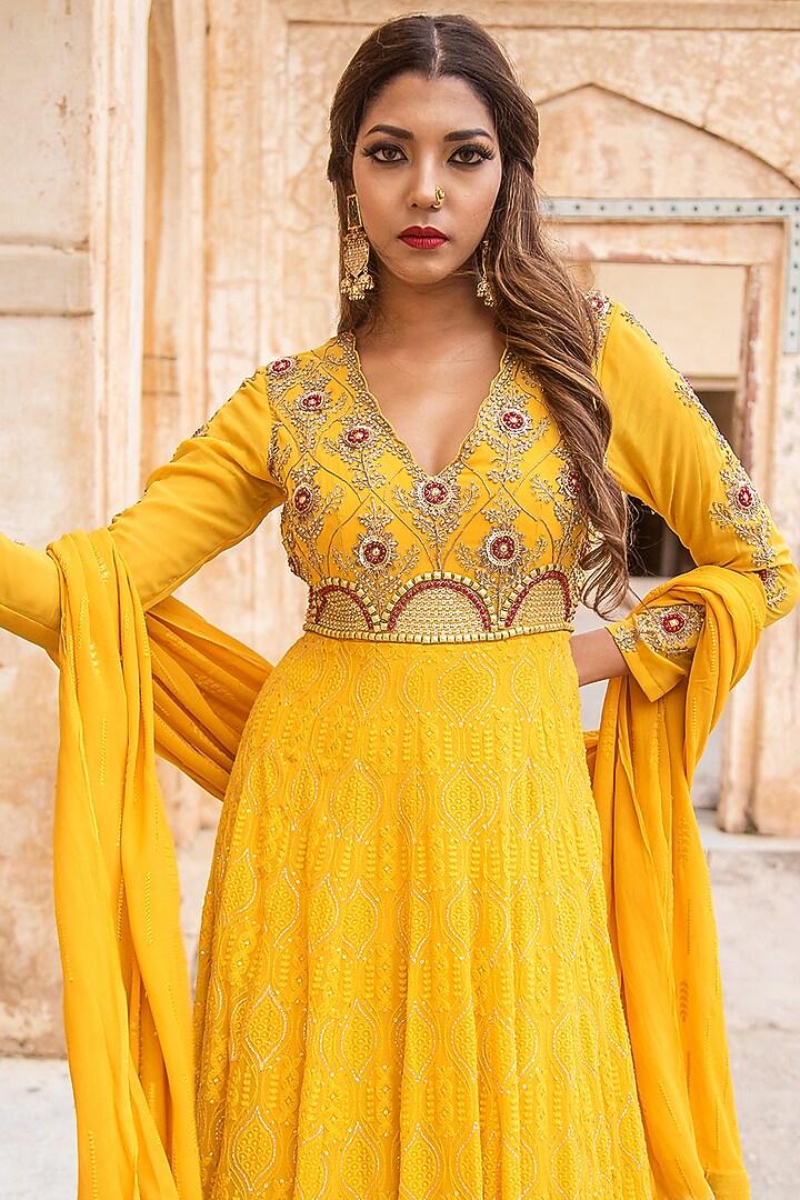 Ochre Lucknowi Anarkali Set For Girls by Soniya G KIDS at Pernia's Pop Up Shop