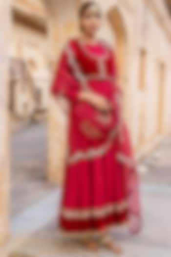 Crimson Red Cotton Satin Anarkali Set For Girls by Soniya G KIDS at Pernia's Pop Up Shop