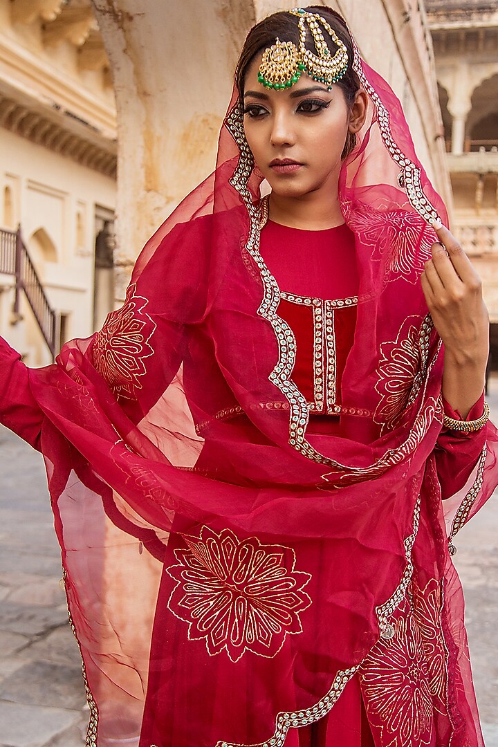 Crimson Red Cotton Satin Anarkali Set For Girls by Soniya G KIDS