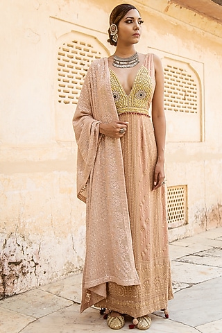 Peach Lucknowi Lehenga Set For Girls by Soniya G KIDS