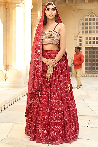 Ruby Red Lucknowi Chikankari Lehenga Set For Girls by Soniya G KIDS