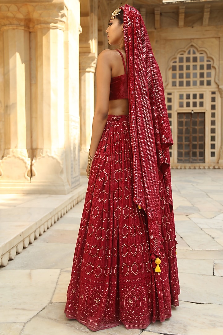Ruby Red Lucknowi Chikankari Lehenga Set For Girls by Soniya G KIDS at Pernia's Pop Up Shop