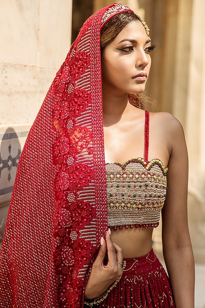 Ruby Red Lucknowi Chikankari Lehenga Set For Girls by Soniya G KIDS at Pernia's Pop Up Shop