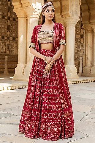 Ruby Red Embroidered Lehenga Set For Girls by Soniya G KIDS