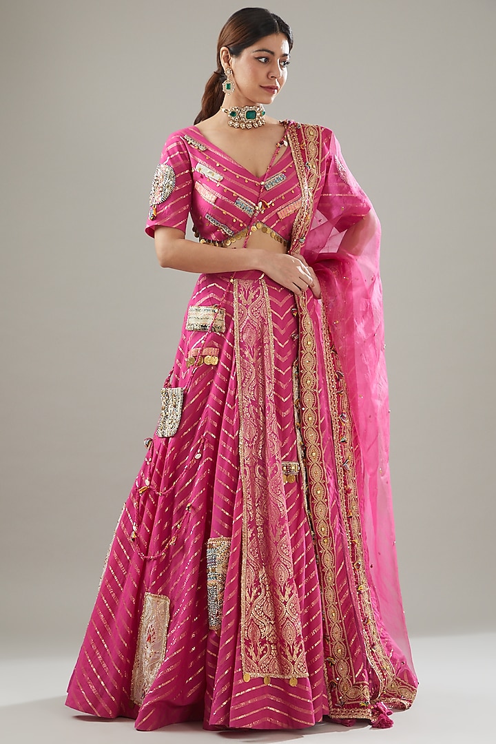 Fuchsia Pink Handmade Cotton Embroidered Lehenga Set For Girls by Soniya G KIDS