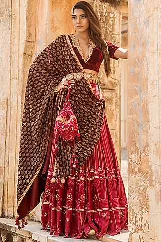 Sangria Red Lucknowi Chikankari Lehenga Set For Girls by Soniya G KIDS