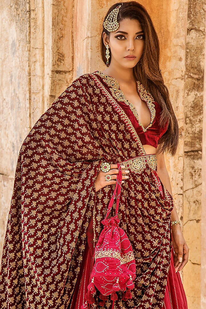 Sangria Red Lucknowi Chikankari Lehenga Set For Girls by Soniya G KIDS at Pernia's Pop Up Shop
