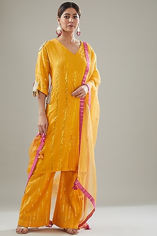 Mustard Handmade Cotton Sharara Set For Girls by Soniya G KIDS