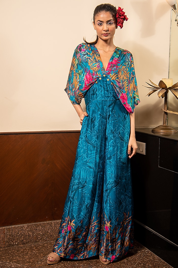 Blue Satin Jumpsuit For Girls by Soniya G KIDS at Pernia's Pop Up Shop