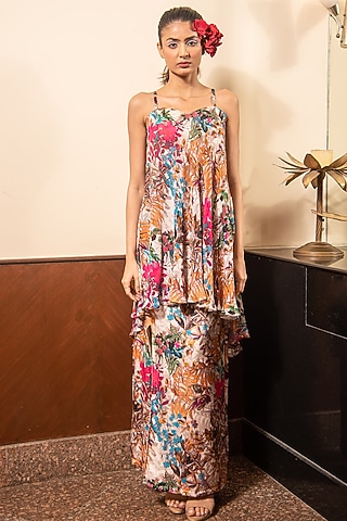 Multi-Colored Satin Printed Skirt Set For Girls by Soniya G KIDS