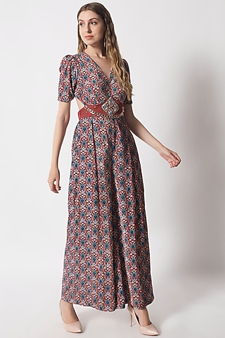 Blue Velvet Printed Jumpsuit For Girls by Soniya G KIDS