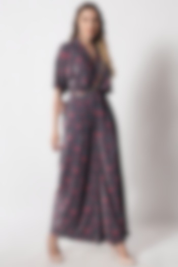 Teal Blue & Rust Velvet Printed Jumpsuit For Girls by Soniya G KIDS at Pernia's Pop Up Shop