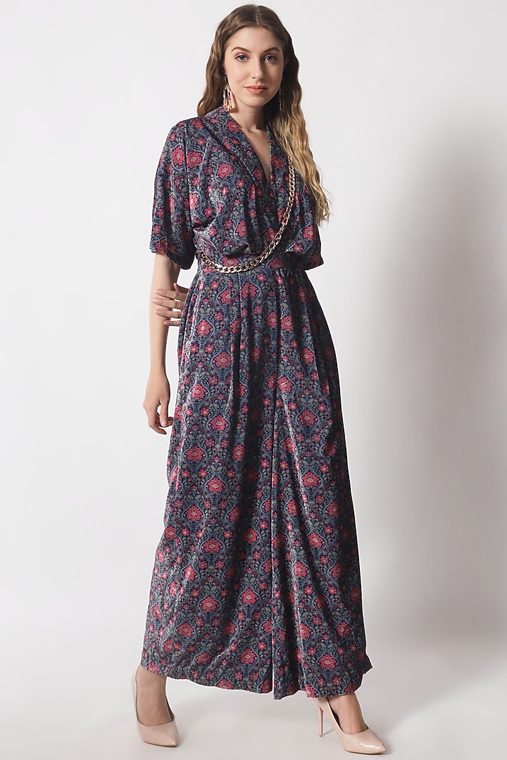 Teal Blue & Rust Velvet Printed Jumpsuit For Girls by Soniya G KIDS at Pernia's Pop Up Shop