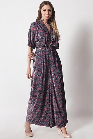 Teal Blue & Rust Velvet Printed Jumpsuit For Girls by Soniya G KIDS