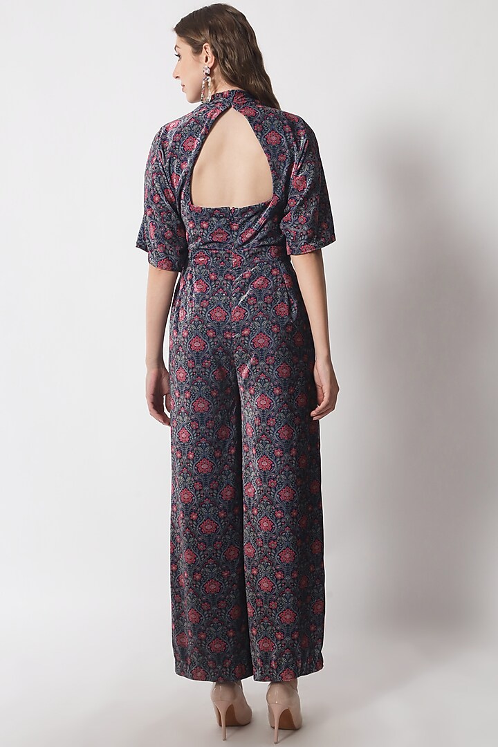 Teal Blue & Rust Velvet Printed Jumpsuit For Girls by Soniya G KIDS at Pernia's Pop Up Shop