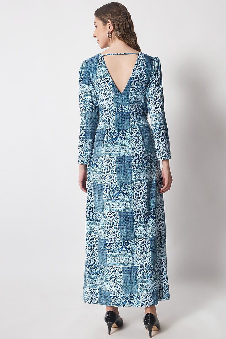 Cerulean Blue Velvet Printed Dress For Girls by Soniya G KIDS at Pernia's Pop Up Shop