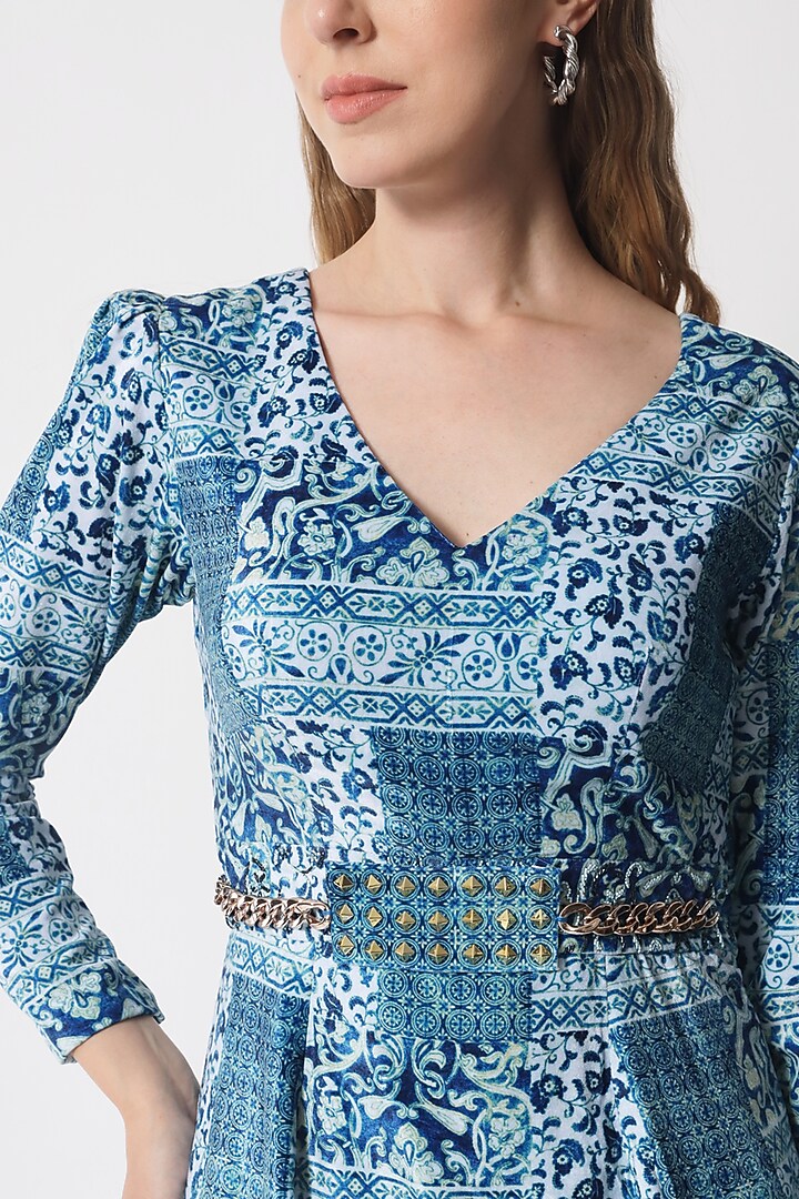 Cerulean Blue Velvet Printed Dress For Girls by Soniya G KIDS at Pernia's Pop Up Shop