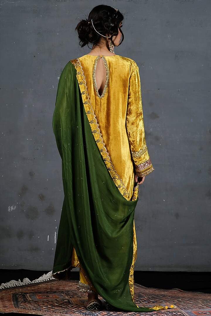 Mustard Velvet Embroidered Kurta Set For Girls by Soniya G KIDS at Pernia's Pop Up Shop