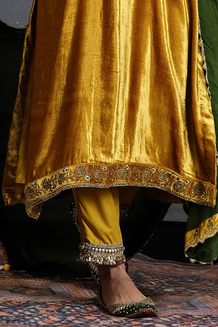 Mustard Velvet Embroidered Kurta Set For Girls by Soniya G KIDS at Pernia's Pop Up Shop