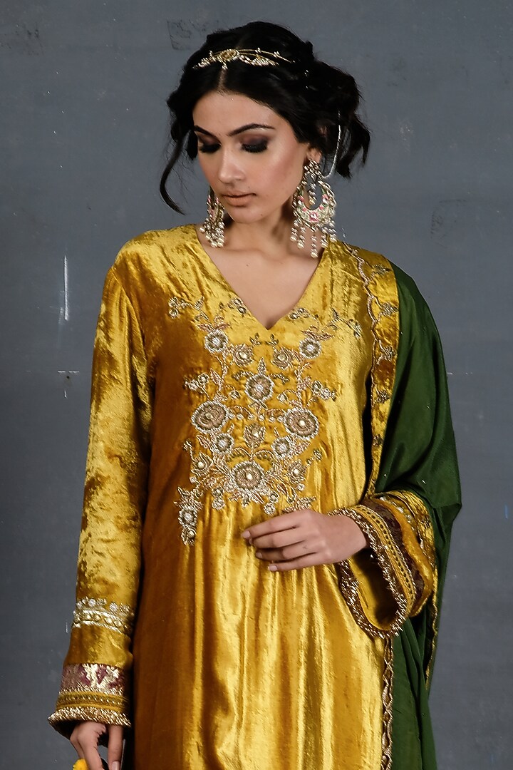Mustard Velvet Embroidered Kurta Set For Girls by Soniya G KIDS at Pernia's Pop Up Shop