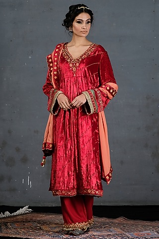 Blood Red Velvet Embroidered Kurta Set For Girls by Soniya G KIDS