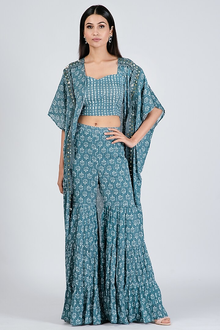 Aqua Blue Silk Printed Co-Ord Set For Girls by Soniya G KIDS at Pernia's Pop Up Shop