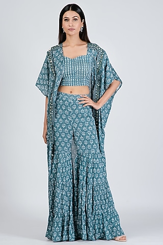 Aqua Blue Silk Printed Co-Ord Set For Girls by Soniya G KIDS