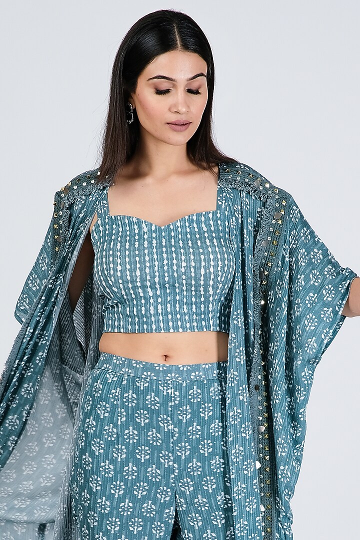 Aqua Blue Silk Printed Co-Ord Set For Girls by Soniya G KIDS at Pernia's Pop Up Shop