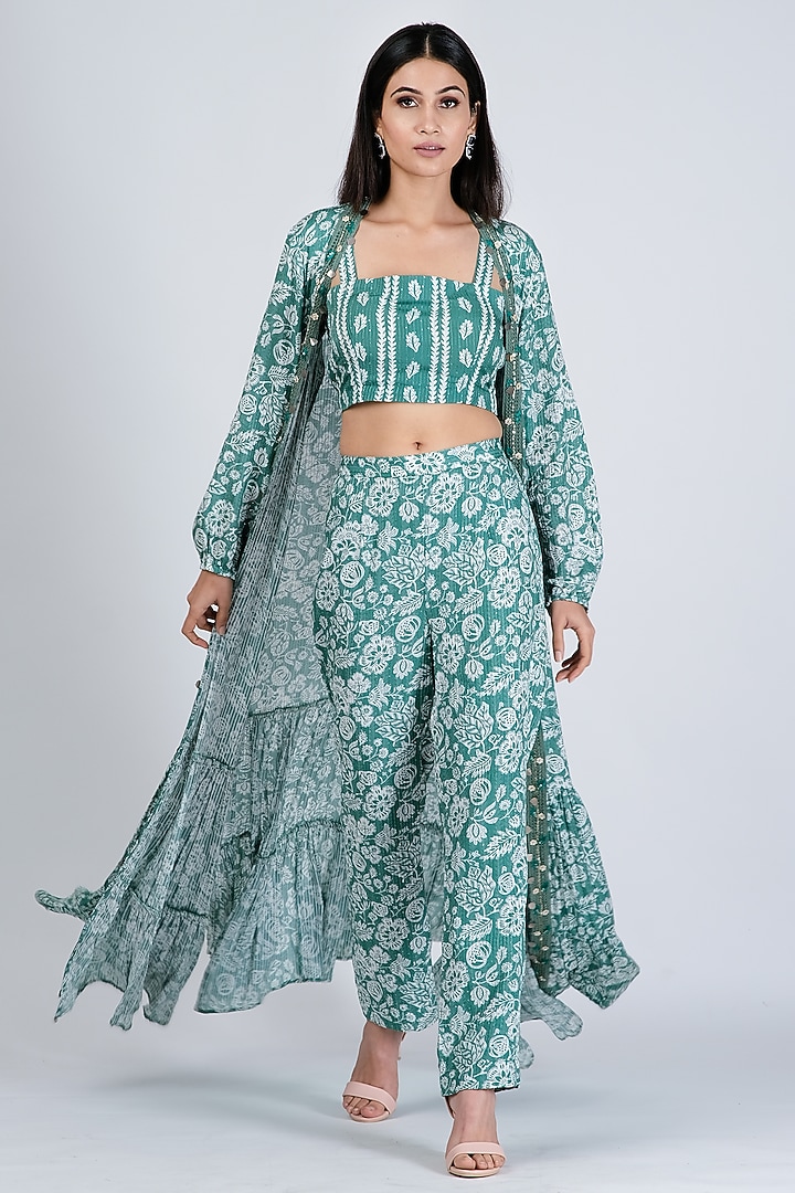 Aqua Blue Silk Printed Co-Ord Set For Girls by Soniya G KIDS at Pernia's Pop Up Shop
