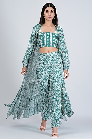 Aqua Blue Silk Printed Co-Ord Set For Girls by Soniya G KIDS