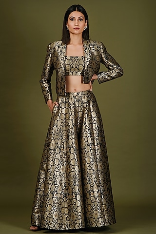 Black & Gold Brocade Silk Jacket Lehenga Set For Girls by Soniya G KIDS
