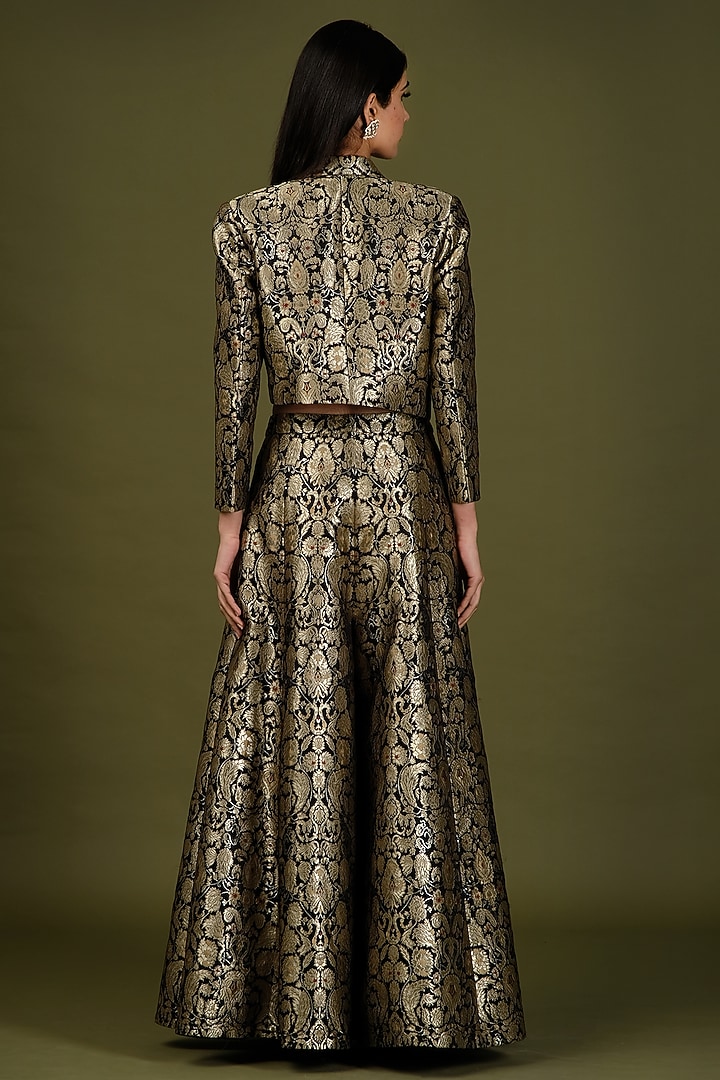 Black & Gold Brocade Silk Jacket Lehenga Set For Girls by Soniya G KIDS at Pernia's Pop Up Shop