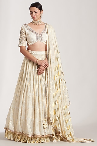 Ivory Silk Printed Lehenga Set For Girls by Soniya G KIDS