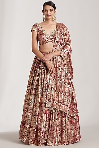 Maroon Silk Foil Printed Lehenga Set For Girls by Soniya G KIDS