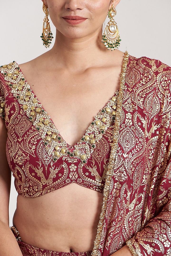 Maroon Silk Foil Printed Lehenga Set For Girls by Soniya G KIDS at Pernia's Pop Up Shop