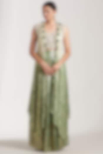 Olive Green Foil Printed Sharara Set For Girls by Soniya G KIDS at Pernia's Pop Up Shop