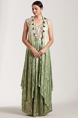 Olive Green Foil Printed Sharara Set For Girls by Soniya G KIDS