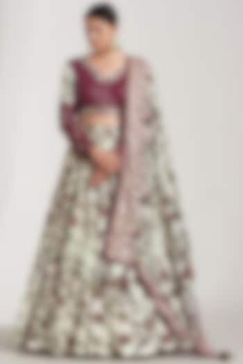 Off-White Velvet Printed Lehenga Set For Girls by Soniya G KIDS at Pernia's Pop Up Shop