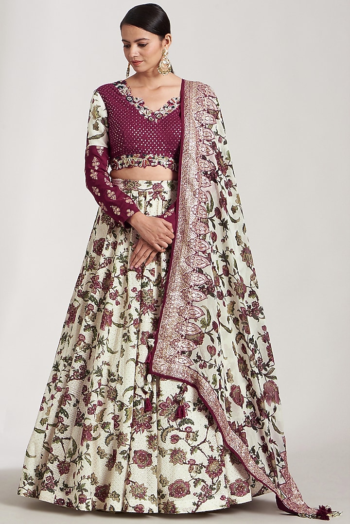 Off-White Velvet Printed Lehenga Set For Girls by Soniya G KIDS at Pernia's Pop Up Shop