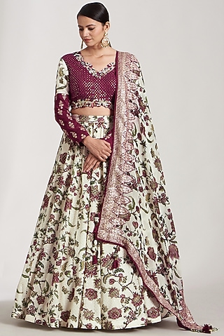 Off-White Velvet Printed Lehenga Set For Girls by Soniya G KIDS