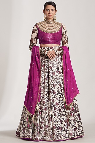 Off-White Velvet Printed Lehenga Set For Girls by Soniya G KIDS