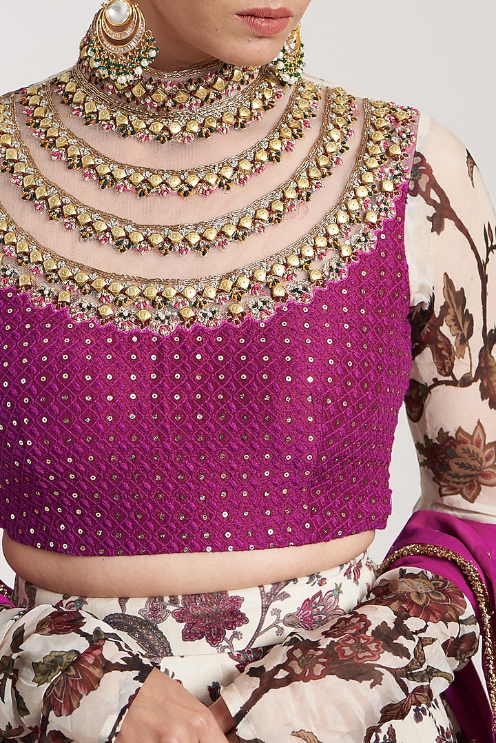 Off-White Velvet Printed Lehenga Set For Girls by Soniya G KIDS at Pernia's Pop Up Shop
