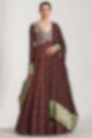 Maroon Pure Silk Printed Anarkali Set For Girls by Soniya G KIDS at Pernia's Pop Up Shop